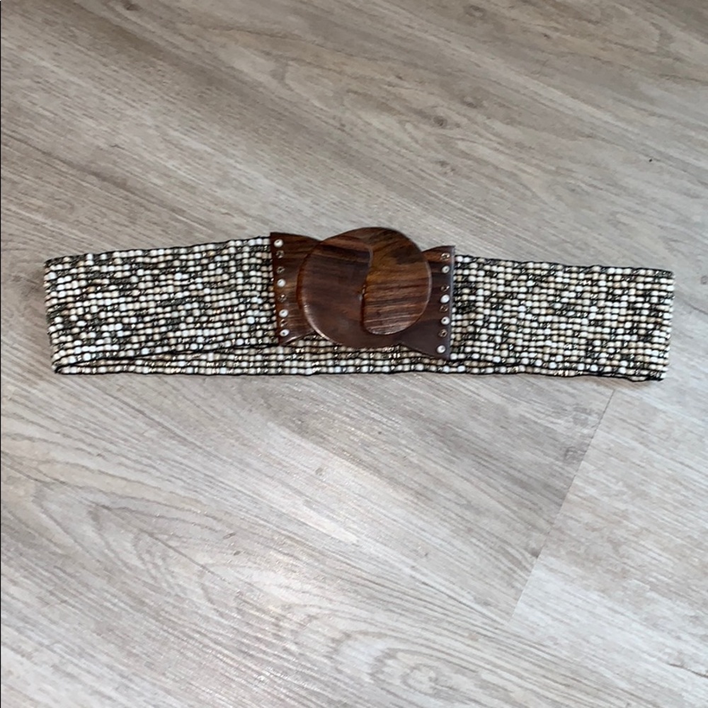Beaded Wide Stretch Belt with Wooden Buckle sz M/L